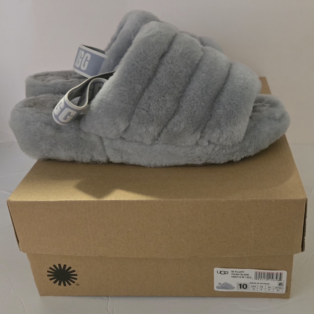 UGG Fluffy Grey Slippers Gently Worn Size 10